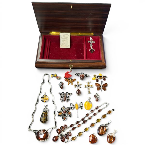 Italian Musical Jewel Box Full of  Silver-tone  Amber Resin Jewelry - No hallmarks or silver stamps