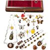 Image 2 : Italian Musical Jewel Box Full of  Silver-tone  Amber Resin Jewelry - No hallmarks or silver stamps