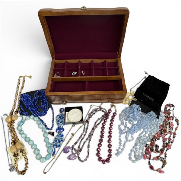 Wood Jewel Box Full of Joan Rivers, Sajen, and New Natural Stone Necklaces