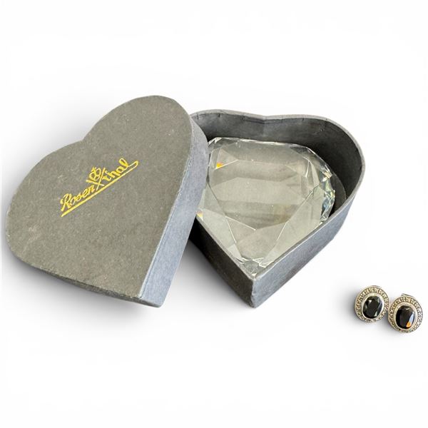 Rosenthal 3.5" Crystal Heart and Vintage Sterling Silver & Black Spinel Earrings (One omega back nee