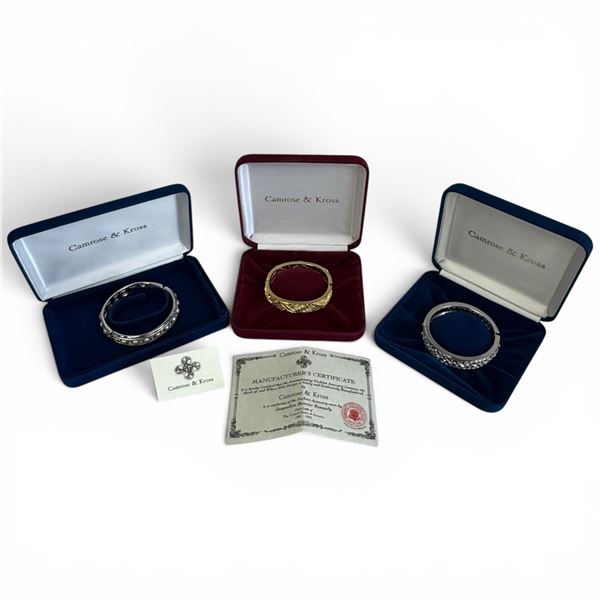 3 Camrose & Kross JBK Gold & Silver-Tone Hinged Crystal & Faux Pearl Bangle Bracelets - Original Box