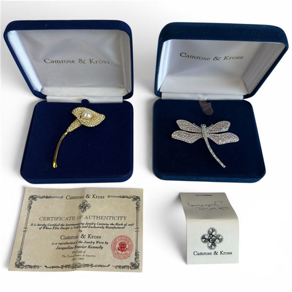 2 Camrose & Kross JBK Crystal Brooches - Large Dragonfly and Lily - Original Boxes with COAs (Lily b
