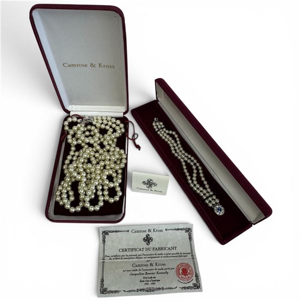 Camrose & Kross JBK Triple Strand Faux Pearl Necklace and Bracelet - In Original Boxes with COAs