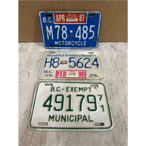 Lot of 3 License Plates Motorcycle/ BC - Exempt 71