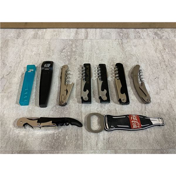Lot of 9 Assorted Bottle Openers and Cork Screws