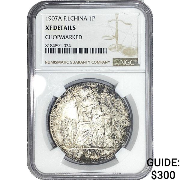 1907 French Indo-China Silver 1 Trade Piastre NGC XFDetails Chopmarked