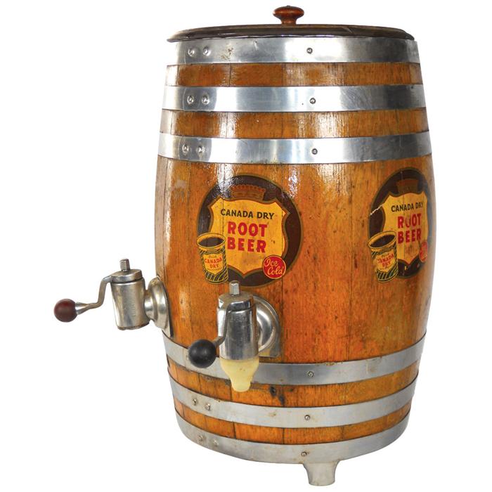 Canada Dry Root Beer keg dispenser, oak, VG cond w/spigots & orig