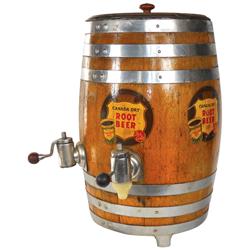 Canada Dry Root Beer keg dispenser, oak, VG cond w/spigots & orig transfers, 3 are good, 1 shows dam