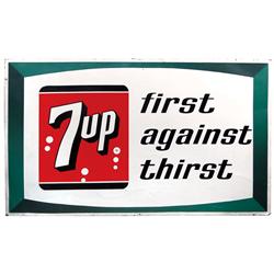 7Up First Against Thirst metal sign, VG cond w/some paint loss & metal creases, 24"H x 36"W.