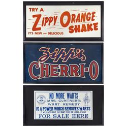 Soda fountain & medicine signs (3): c.1930 Mrs. Guntner's Wart Remedy, litho on paper,  c.1930 Zipp'