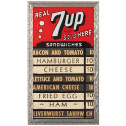 7Up menu board in decorative silver painted frame, Exc cond, 17 H x 10"W.