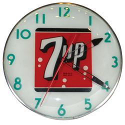 7Up clock, electric light-up in metal frame, mfgd by American Time Corp-Springfield, MA, VG working 
