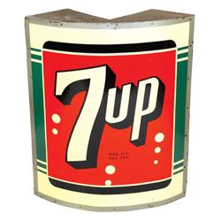 7Up curved corner sign, metal over wood frame, mfgd by Stout Sign Co.-St Louis, a scarce sign in VG 