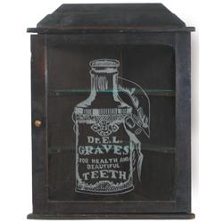 Drug store display case, old wooden corner case w/slot in top for sign, contemporary etched glass w/