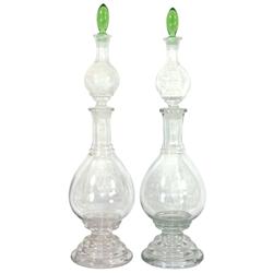 Drug Store show jars (2), footed two-section stacking apothecary jars w/green glass stoppers, Exc co