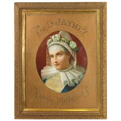 Dr. Jayne's Family Medicines stone litho on cdbd in orig frame, VG cond w/some restoration on gold m