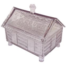 Lutted's S.P. Cough Drops counter jar, an orig glass jar shaped like log cabin w/embossed lid & base