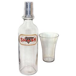 Syrup bottle & glass for Fowler's Cherry Smash, label under glass bottle & etched glass, bottle has 
