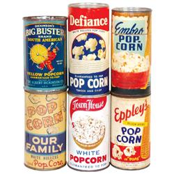 Popcorn tins (6): Eppley's (full), Defiance (full), Our Family (full) & Embro, all w/paper labels.  