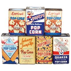 Popcorn tins (7): Quaker, Popswell, Bonnie Lee, Johnny Jump Up (no lid), 2 Eppley's (full), all w/pa