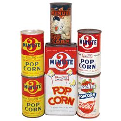 Popcorn tins (6): 3 Minute (full) w/paper label; 3 Minute (both full), Rose Kist & Hales' 1 Minute (