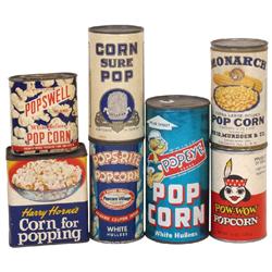 Popcorn tins (7): Pow-Wow (full), Harry Horne's (full), Popeye, Corn Sure Pop (full), Monarch (full)