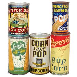 Popcorn tins (5): Butter Boy (full) w/paper label; Reynolds (full), Princeton Farms (full) (light ru
