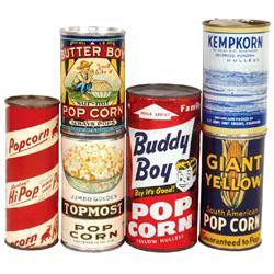 Popcorn tins (6): Buddy Boy, Giant Yellow (South American) (full), Princeton Farms (full), HiPop (fu