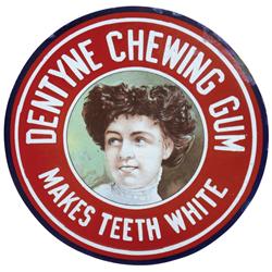 Dentyne Chewing Gum round porcelain sign, c.1905, dark-haired smiling lady in center, white letterin