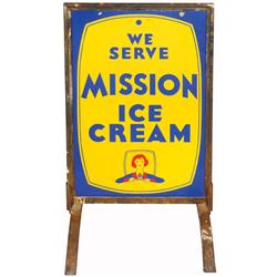 Mission Ice Cream porcelain curb sign, 2-sided in stand, porcelain is in VG+ cond, frame has rust, m