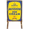 Image 1 : Mission Ice Cream porcelain curb sign, 2-sided in stand, porcelain is in VG+ cond, frame has rust, m