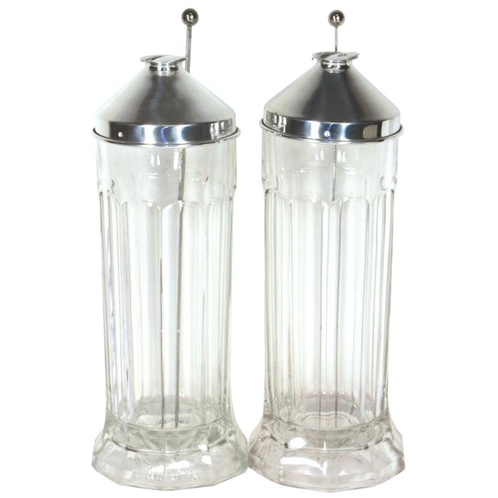 Sani Straw glass straw holders (2) w/metal lids & inserts, embossed "No