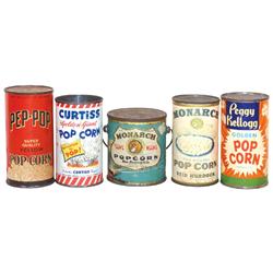 Popcorn & peanut butter tins (5), Monarch (full) & Peggy Kellogg (full) w/paper labels; Monarch Teen