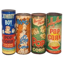 Popcorn tins (4), Hoosier Pride (full), Johnny Boy, Sally Ann & Bang-O (full), all paper-labeled tub