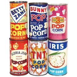 Popcorn tins (6), Iris (full) & 3 Minute (full) w/paper labels; Gloria Jean (full), Bunny Pop (full)