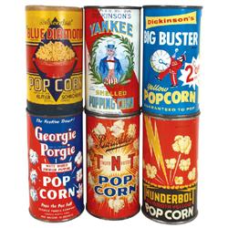 Popcorn tins (6), Blue Diamond tube (no lid) w/paper label; Dickinson's Yankee (hole in back), Thund
