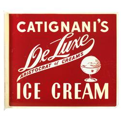 Catignani's DeLuxe Ice Cream porcelain 2-sided flange sign, Exc cond, 14"H x 16"W.