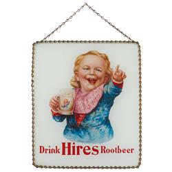 Hires Root Beer Ugly Boy sign, glass w/metal chain, Mansfield & Co. Makers-158 Chamber St., New York
