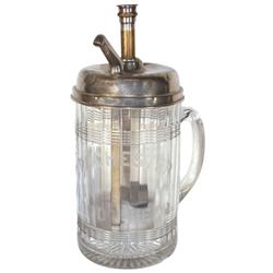 Syrup dispenser, Rochester Root Beer, mug-shaped etched glass w/correct pump, large shallow chip on 