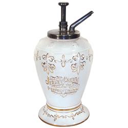 Syrup dispenser, Jersey-Creme, The Perfect Drink, gold-trimmed embossed ceramic base w/adv on both f