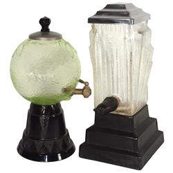 Syrup dispensers (2), Art Deco ribbed glass w/tiered chrome lid & Bakelite base &  green Lash's w/am