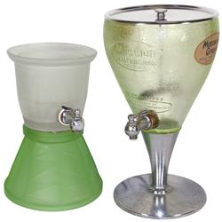 Syrup dispensers (2), Mission Real Fruit Juice, frosted green glass w/side paper decals, complete & 