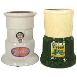 Syrup dispensers (2), Green River embossed ceramic dispenser w/gasket (spigot opposite of label) & O
