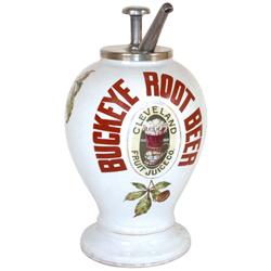 Syrup dispenser, Buckeye Root Beer, mfgd by The Cleveland Fruit Juice Co., large ceramic dispenser w