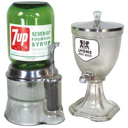 Syrup dispensers (2), Lyons Root Beer glass dispenser w/metal lid, glass knob & replacement paper la