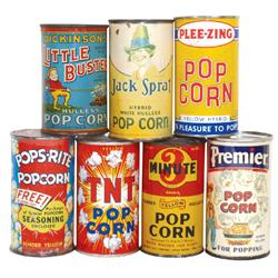 Popcorn tins (7), Jack Sprat (full; some fade on label) & Premier (full) w/paper labels; Plee-Zing, 
