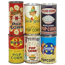 Popcorn tins (6), Premier (full), Jack Sprat (full), Santa Fe (full) w/paper labels; Plee-Zing, Bart
