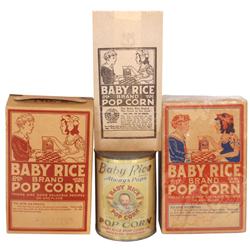 Popcorn items (4), Baby Rice litho on tin, 4.5"H, two Baby Rice boxes (one 2-color & one 3-color), 8