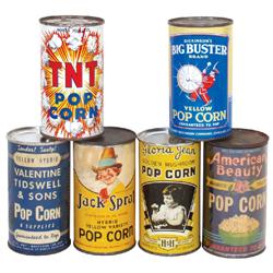 Popcorn tins (6), American Beauty (full) & Jack Sprat (full) w/paper labels; Gloria Jean (full), Val