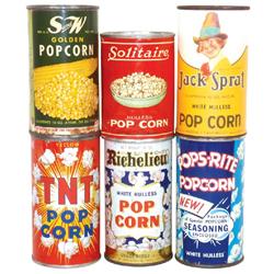 Popcorn tins (6), S and W (full), Jack Sprat (full) & Solitaire (full) w/paper labels; Richelieu (fu